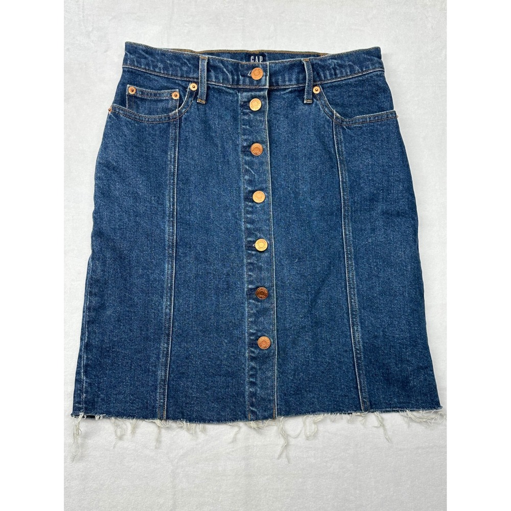 GAP Womens Denim Button Front A Line Skirt Size 26 Raw Hem Blue